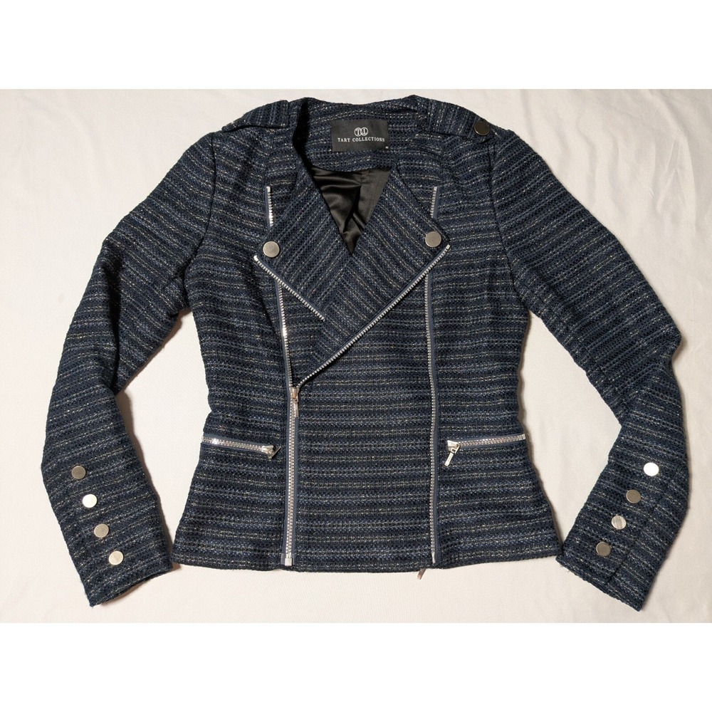 TART COLLECTIONS Women XS Blue Silver Combo Tweed Double Zip Blazer‎ Moto Jacket